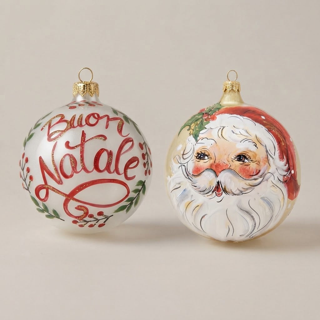 Set da 2 palle di Natale con la scritta Buon Natale e il volto di Babbo Natale, dipinte a mano