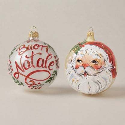 Set da 2 palle di Natale con la scritta Buon Natale e il volto di Babbo Natale, dipinte a mano
