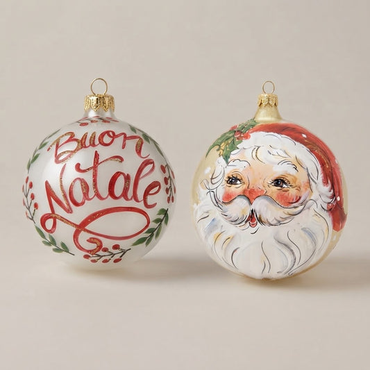 Set da 2 palle di Natale con la scritta Buon Natale e il volto di Babbo Natale, dipinte a mano