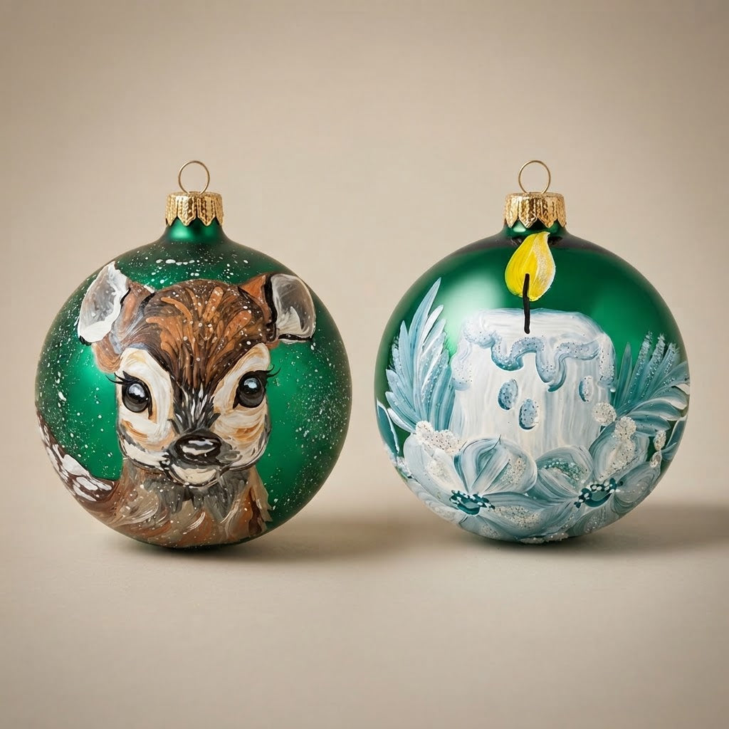 Set da 2 palle di Natale con un cerbiatto e una candela su fondo verde, dipinte a mano