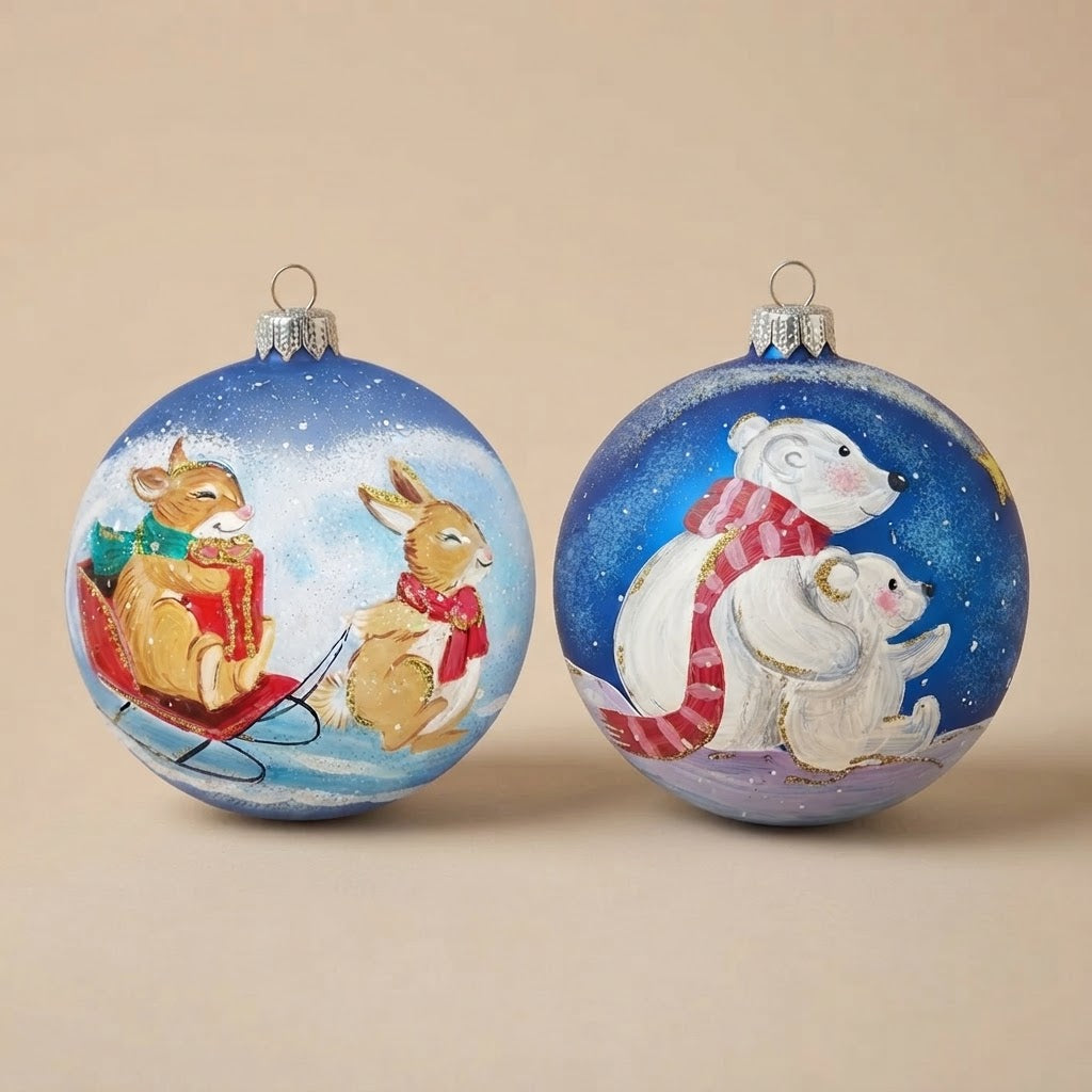 Set da 2 palle di Natale con coniglietti con la slitta e orsi polari, dipinte a mano