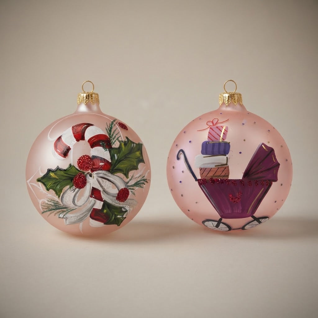 Set da 2 palle di Natale con un bastoncino di zucchero e una carrozzina su fondo rosa, dipinte a mano