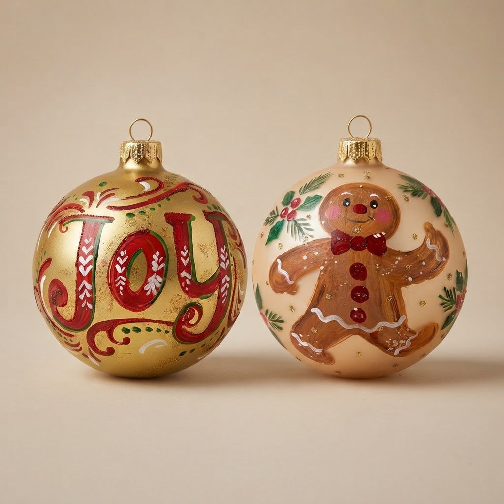 Set da 2 palle di Natale con la scritta Joy e un omino di pan di zenzero, dipinte a mano
