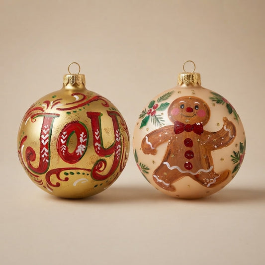 Set da 2 palle di Natale con la scritta Joy e un omino di pan di zenzero, dipinte a mano