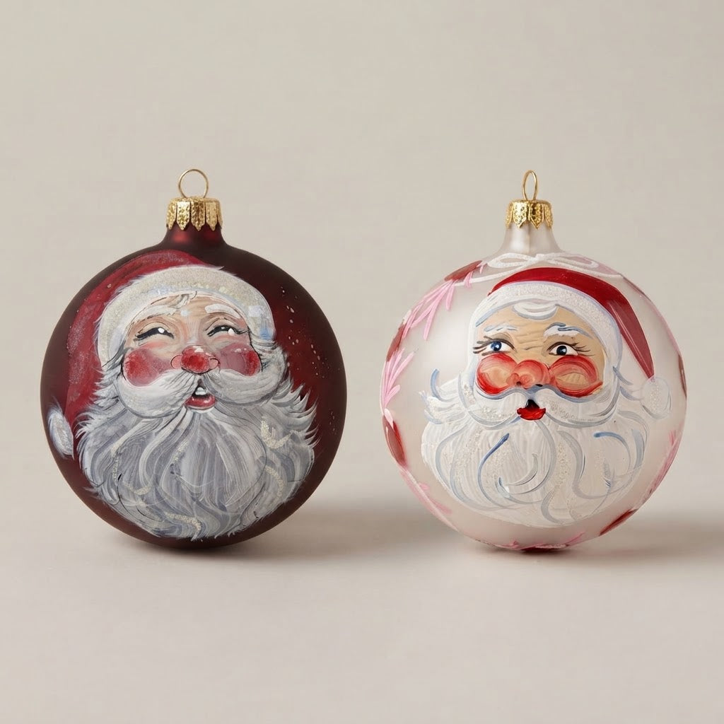 Set da 2 palle di Natale con due volti di Babbo Natale, dipinte a mano