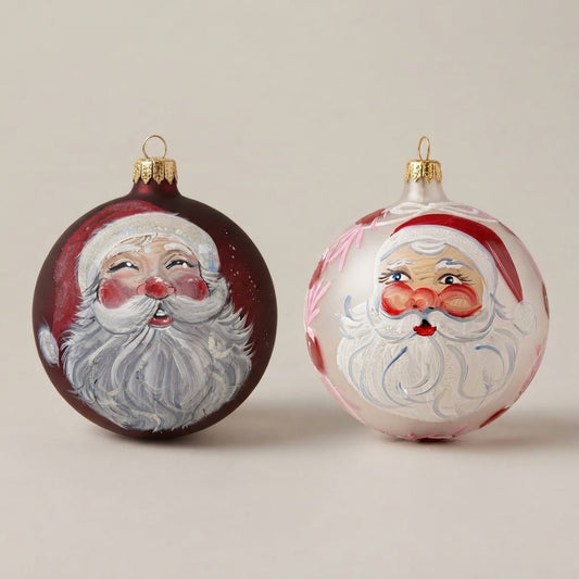 Set da 2 palle di Natale con due volti di Babbo Natale, dipinte a mano