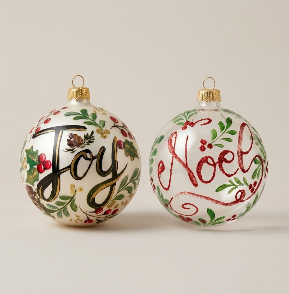 Set of 2 hand-painted Christmas ornaments with Joy and Noël lettering