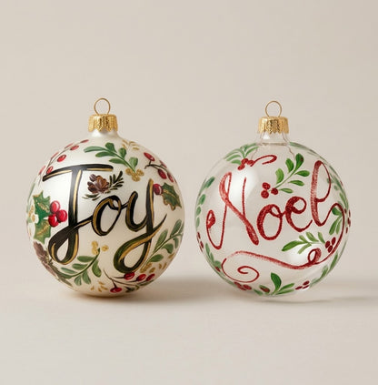 Set of 2 hand-painted Christmas ornaments with Joy and Noël lettering