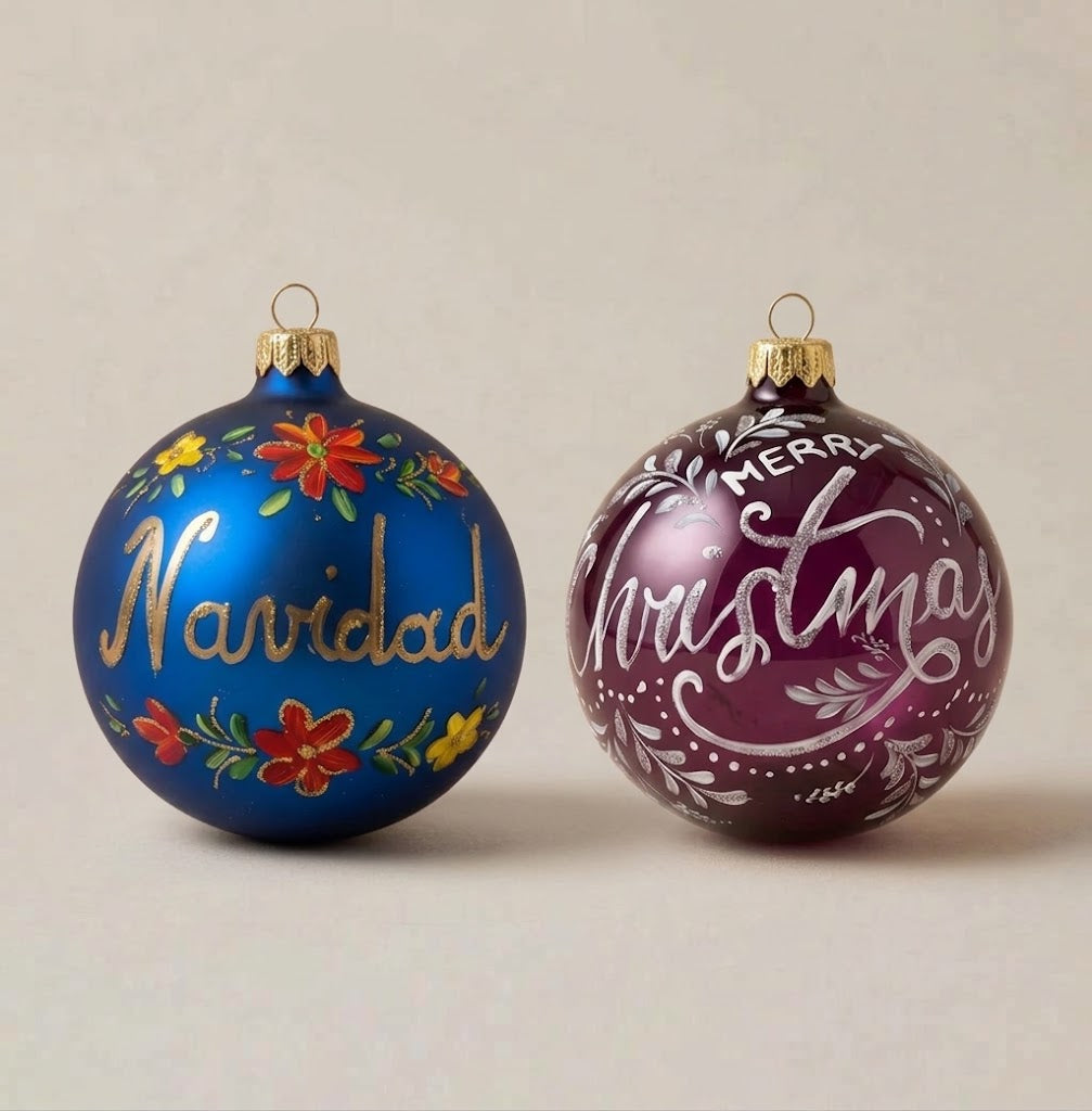 Set da 2 palle di Natale con le scritte Navidad su blu e Merry Christmas su bordeaux