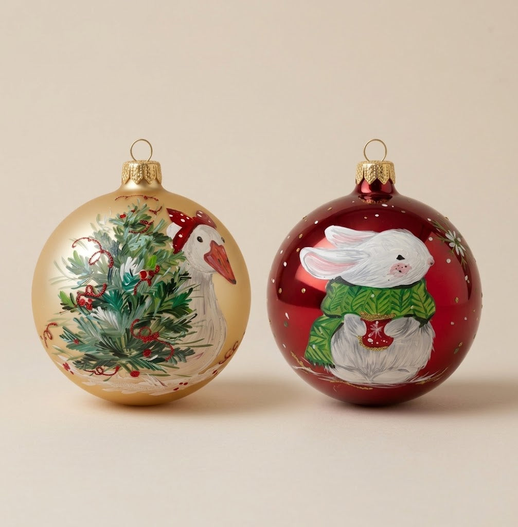 Set da 2 palle di Natale dipinte a mano: oca tra i rami di abete su oro e coniglietto con il maglione su rosso