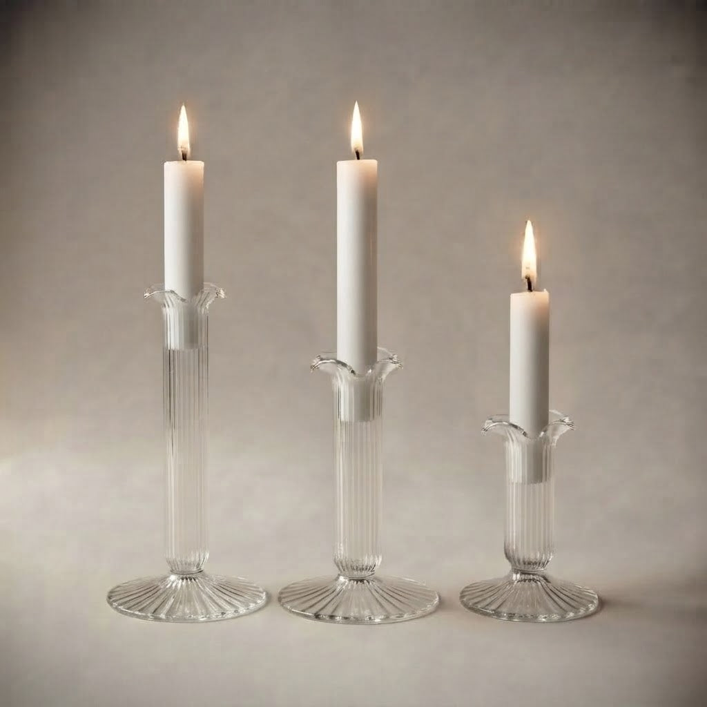 Set da 3 portacandela in vetro a righe, alti 9, 13 e 18 cm