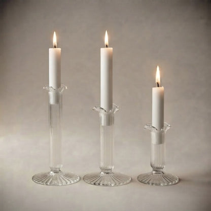 Set da 3 portacandela in vetro a righe, alti 9, 13 e 18 cm
