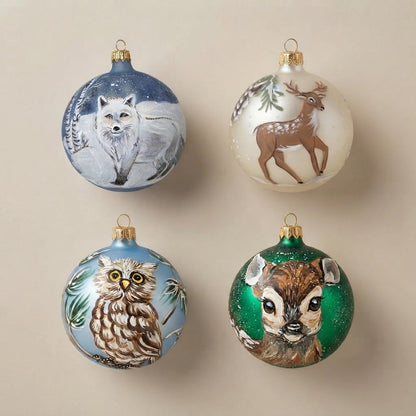 Set da 4 palle di Natale animali del bosco: volpe bianca, renna, gufo e cerbiatto