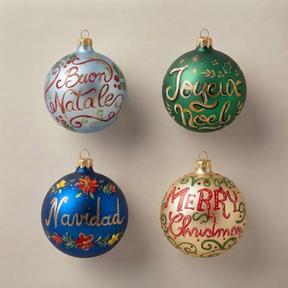 Set da 4 palle di Natale auguri dal mondo: Buon Natale, Joyeux Noël, Navidad e Merry Christmas