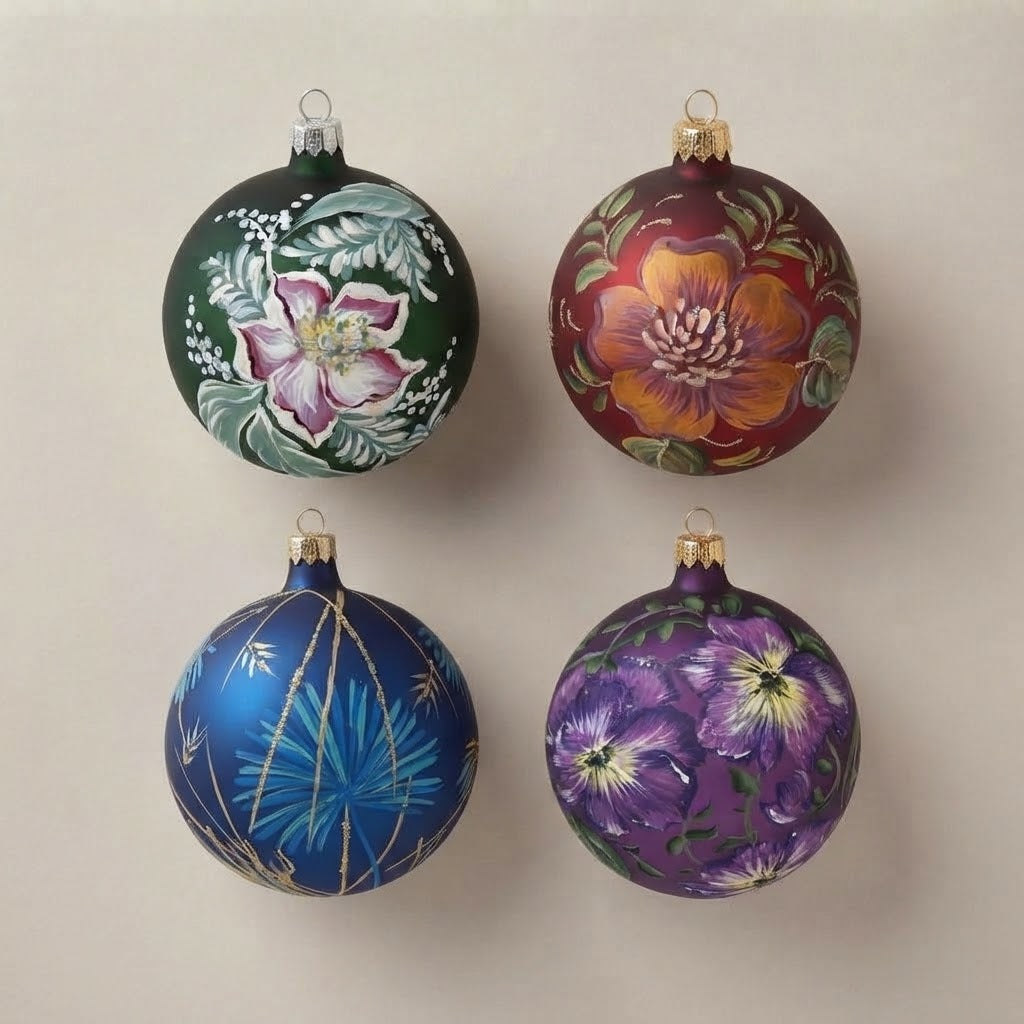 Set of 4 floral Christmas ornaments: hellebore on green, peony on burgundy, blue flower on blue and pansies