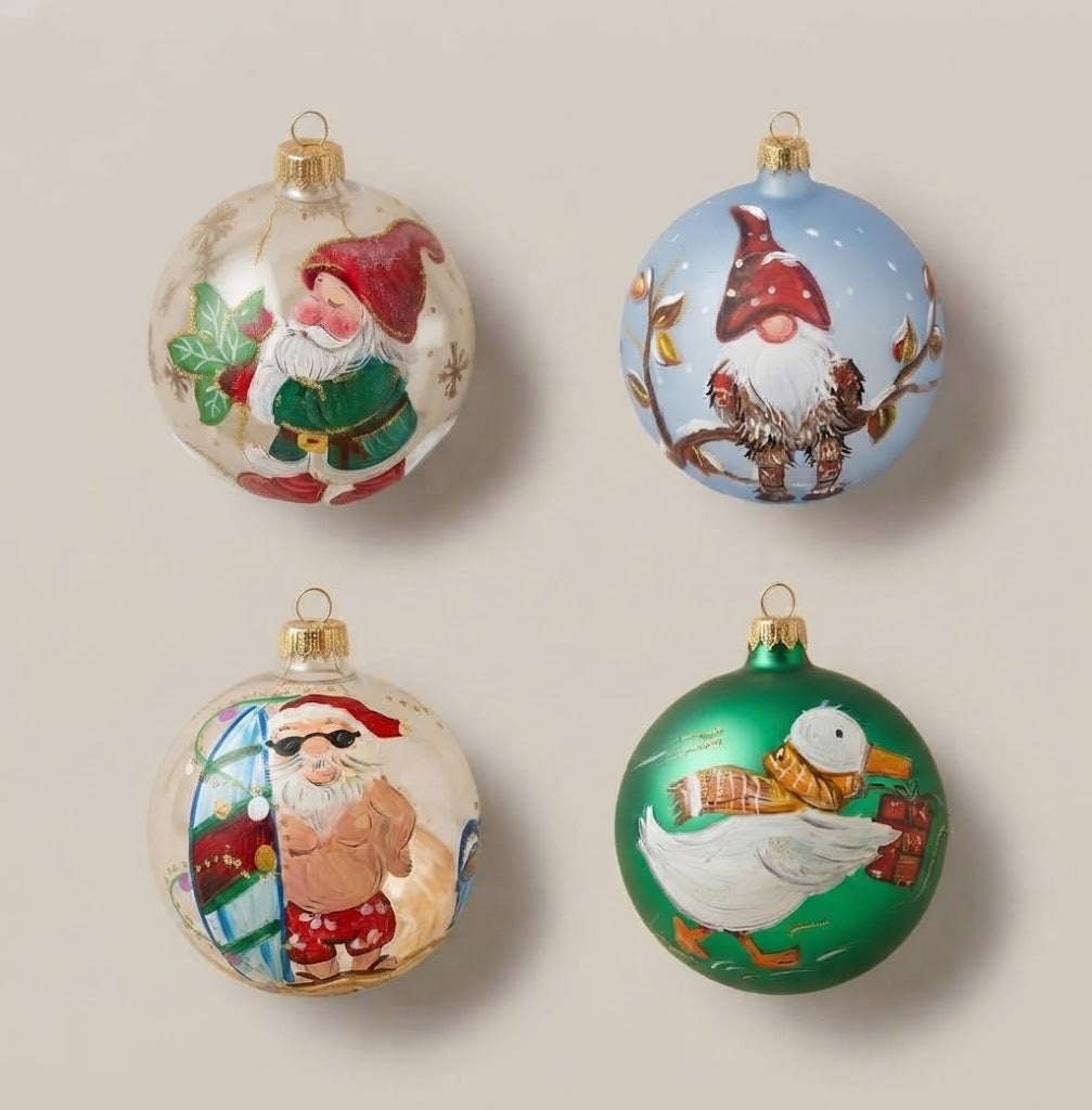Set of 4 gnomes and friends Christmas ornaments: gnome with leaf, gnome with red hat, surfing Santa and duck with gift