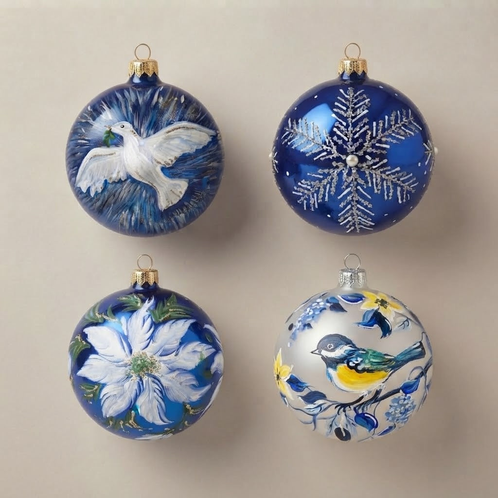 Set da 4 palle di Natale inverno blu e argento: colomba della pace, fiocco di neve, stella di Natale bianca e uccellino