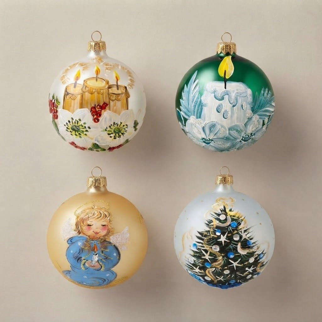 Set da 4 palle di Natale luci e angeli: candele e fiori d'inverno, candela bianca, angioletto con candela e albero decorato