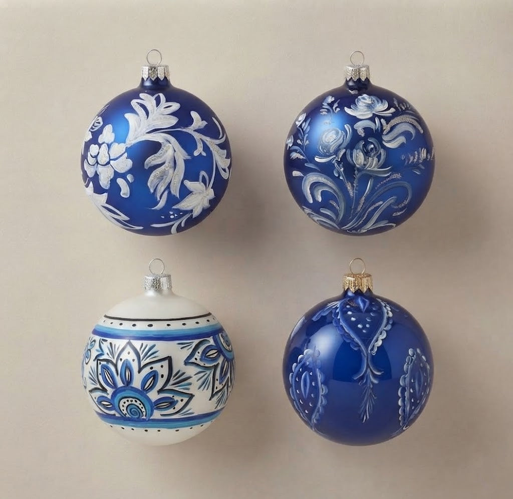 Set da 4 palle di Natale maioliche bianche e blu: tralcio, rose, rosone e gocce