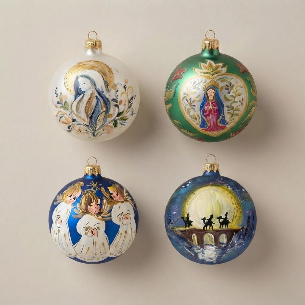 Set da 4 palle di Natale religiose: Madonna con aureola dorata, Madonna in stile messicano, tre angioletti e Re Magi