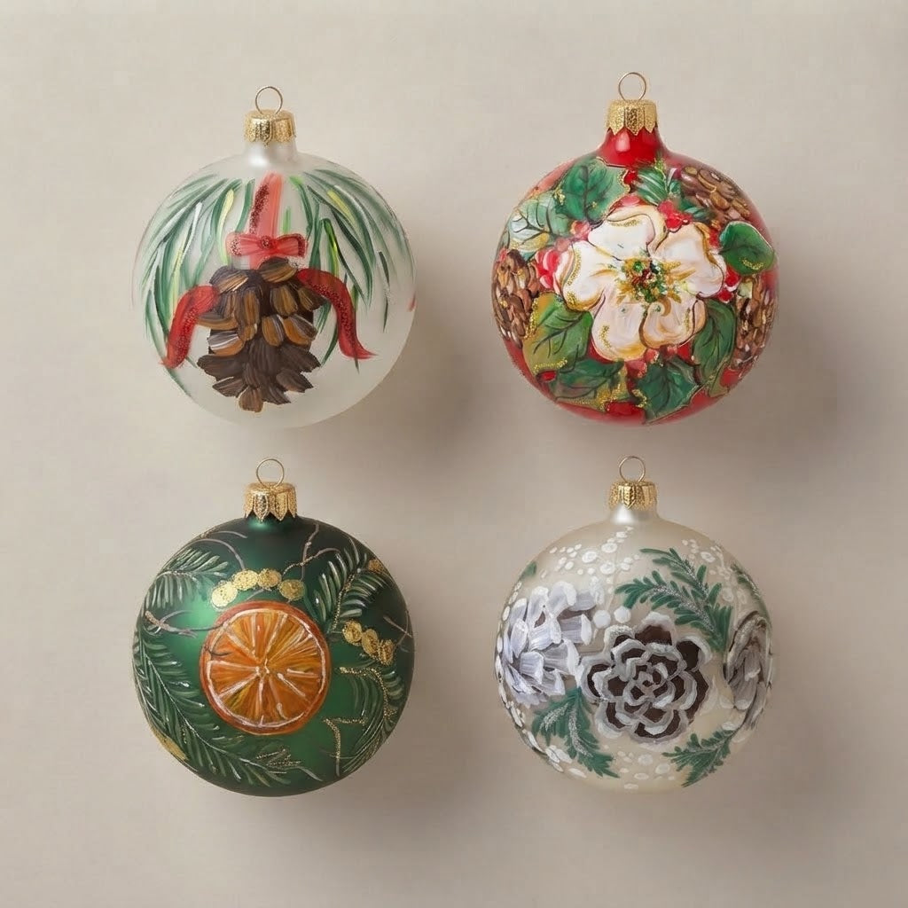 Set da 4 palle di Natale pigne e rami del bosco: pigna con fiocco rosso, fiore bianco e pigne, arancia e pino, pigne innevate