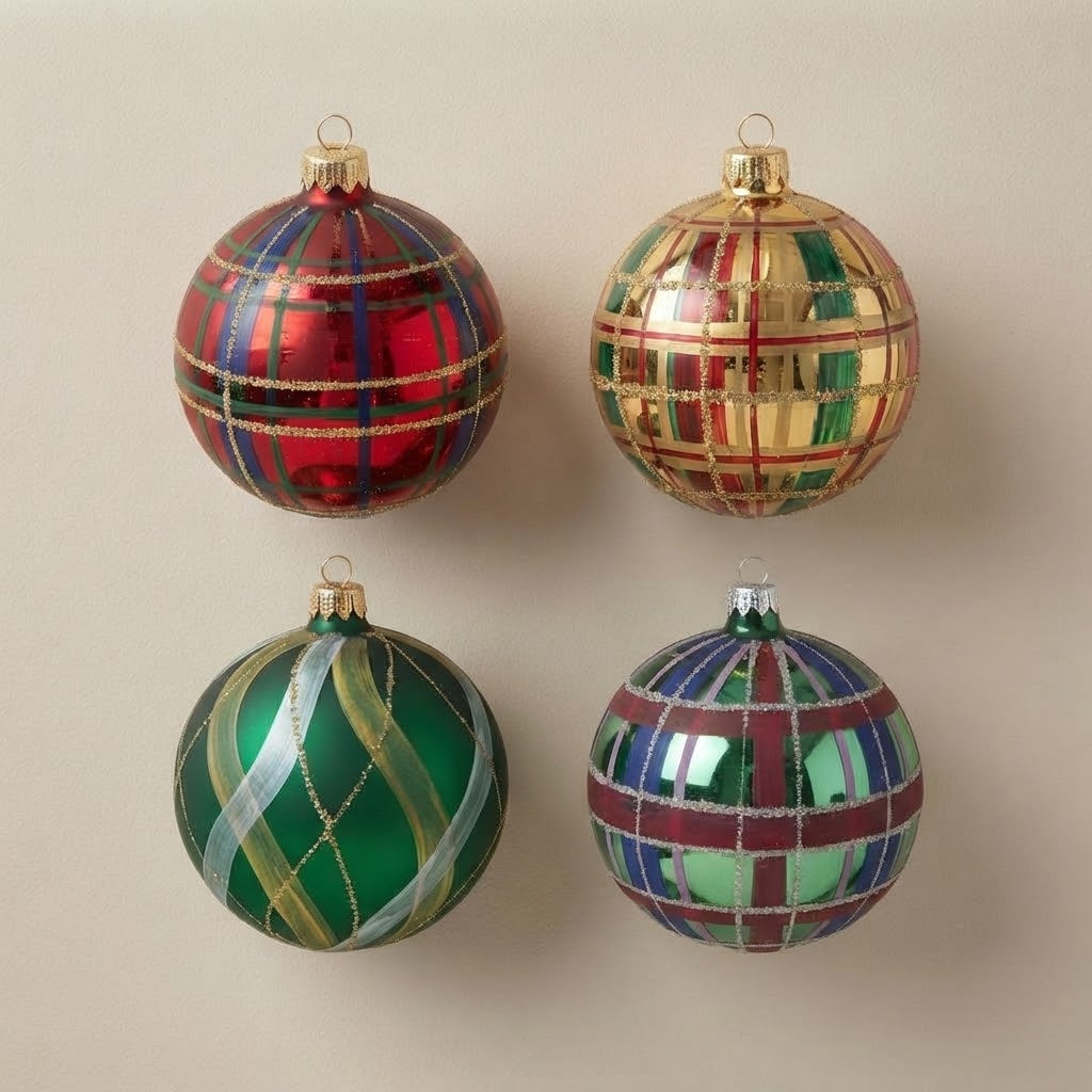 Set da 4 palle di Natale tartan: scozzese rossa, oro, verde e oro, verde blu e rosso