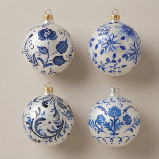 Set of 4 blue maiolica Christmas ornaments on white: flower and leaves, star flowers, scrolls and roses