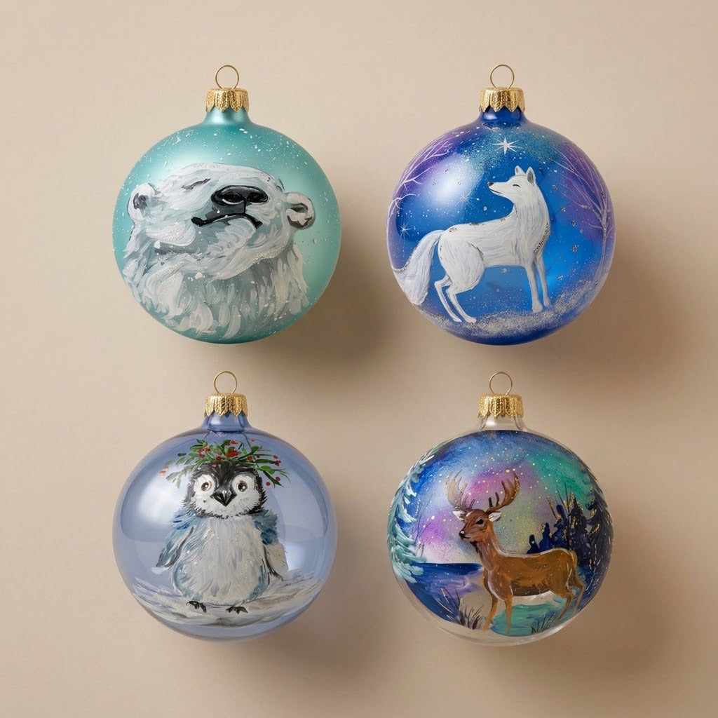 Set da 4 palle di Natale Polo Nord: orso polare, volpe bianca, pinguino e cervo sotto l'aurora boreale