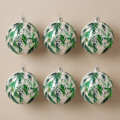 Set da 6 palle di Natale aghi di pino innevati Ø 10 cm dipinte a mano