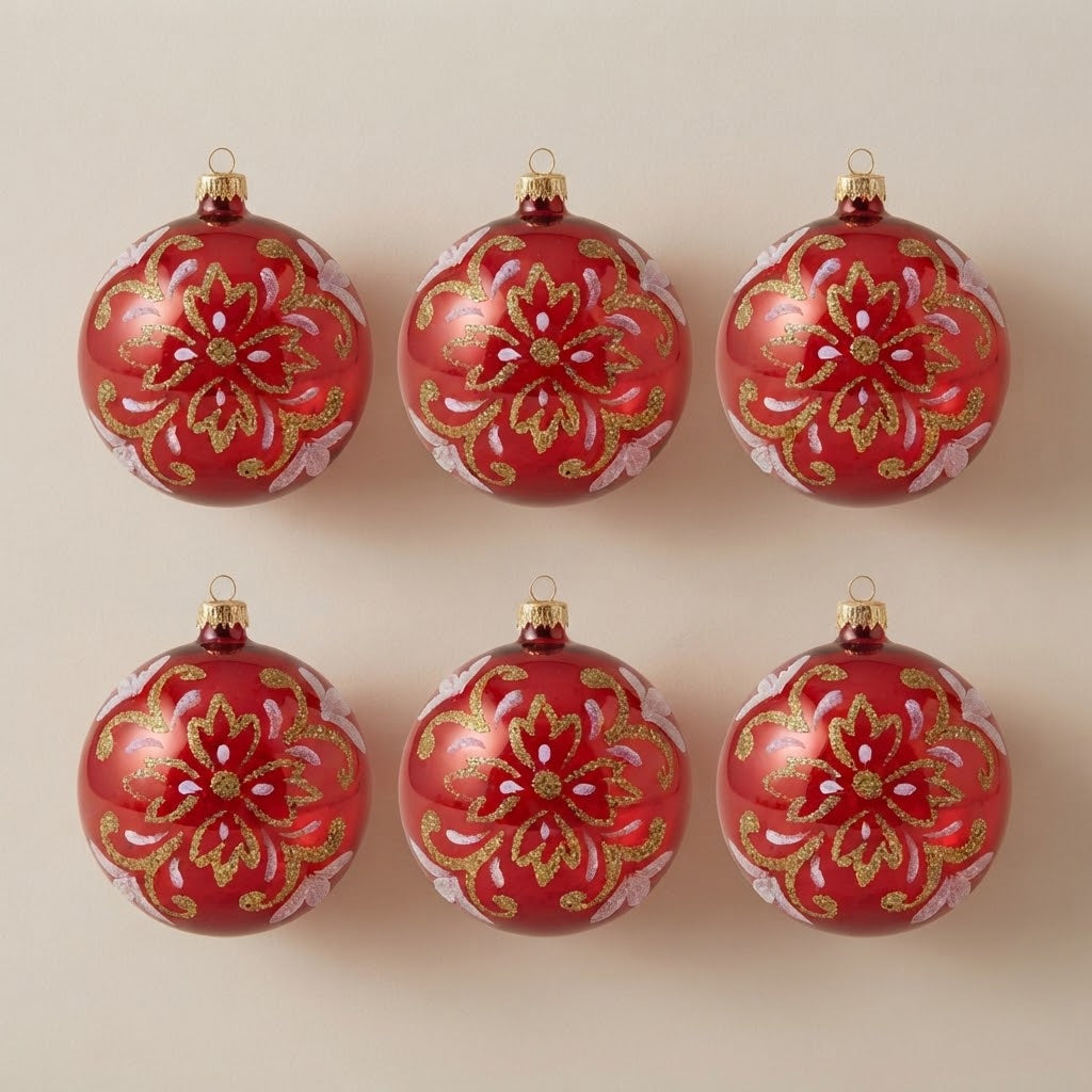 Set da 6 palle di Natale arabesco oro su rosso Ø 10 cm decorate a mano