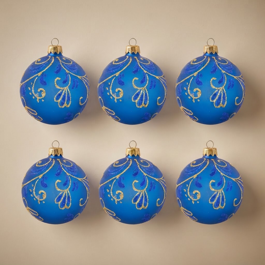 Set da 6 palle di Natale arabesque oro su blu Ø 10 cm dipinte a mano