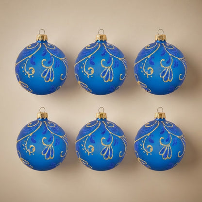 Set da 6 palle di Natale arabesque oro su blu Ø 10 cm dipinte a mano