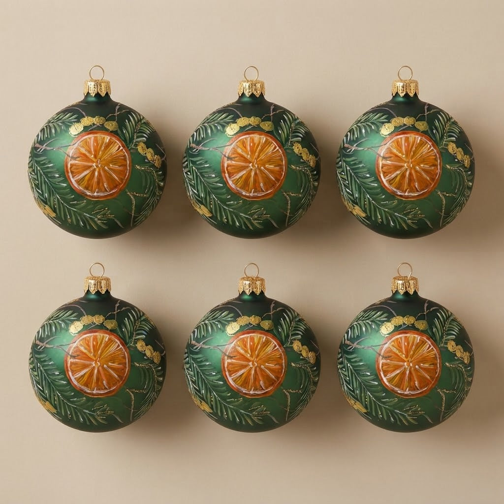 Set da 6 palle di Natale arancia e rami di pino Ø 10 cm dipinte a mano