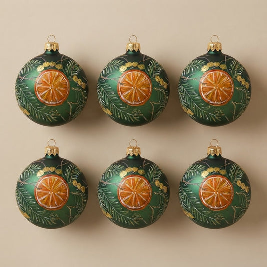 Set da 6 palle di Natale arancia e rami di pino Ø 10 cm dipinte a mano