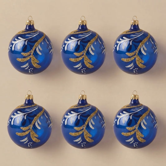 Set da 6 palle di Natale blu con volute oro e bianche Ø 10 cm dipinte a mano