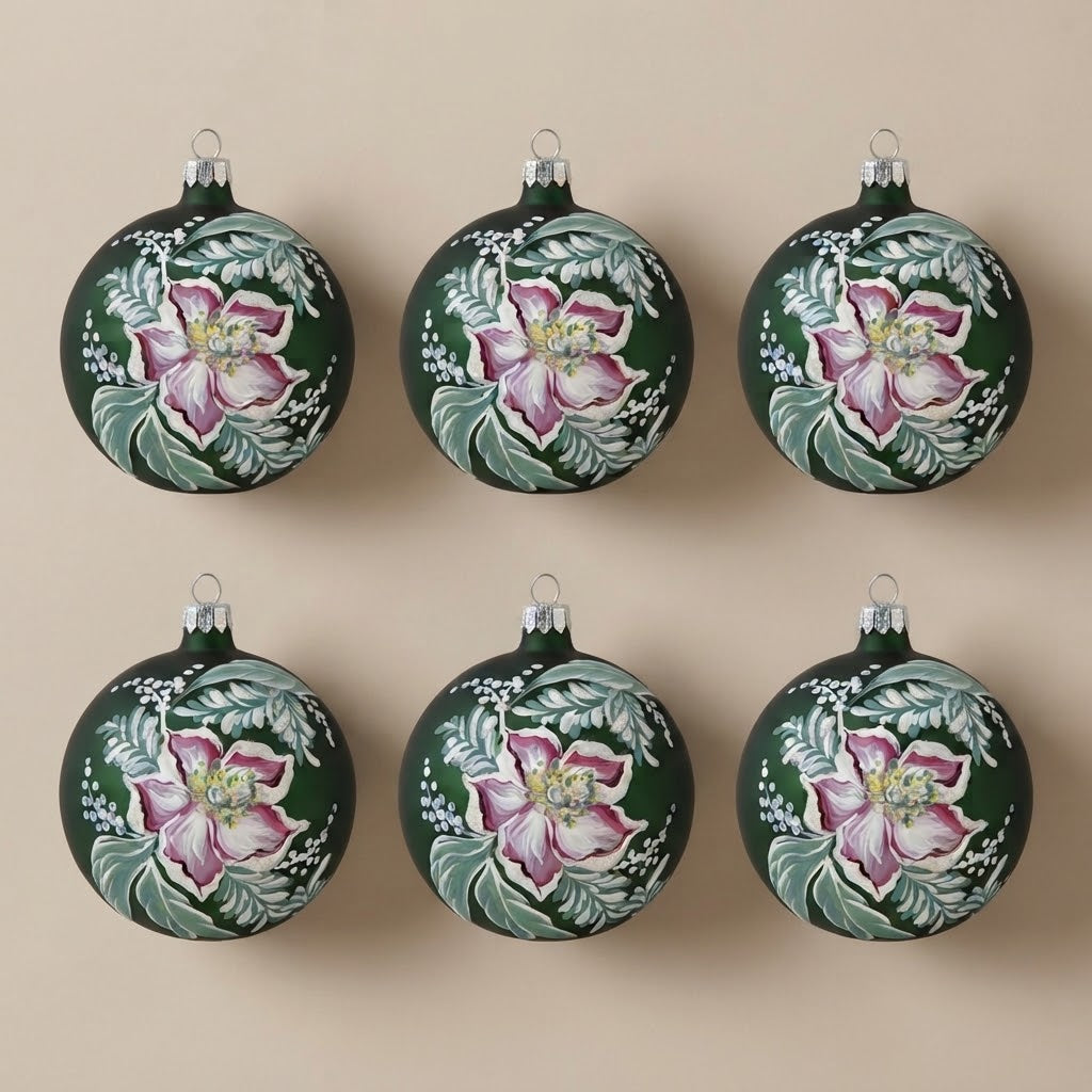 Set da 6 palle di Natale Elleboro e vischio Ø 10 cm dipinte a mano