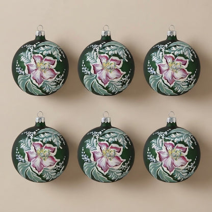Set da 6 palle di Natale Elleboro e vischio Ø 10 cm dipinte a mano