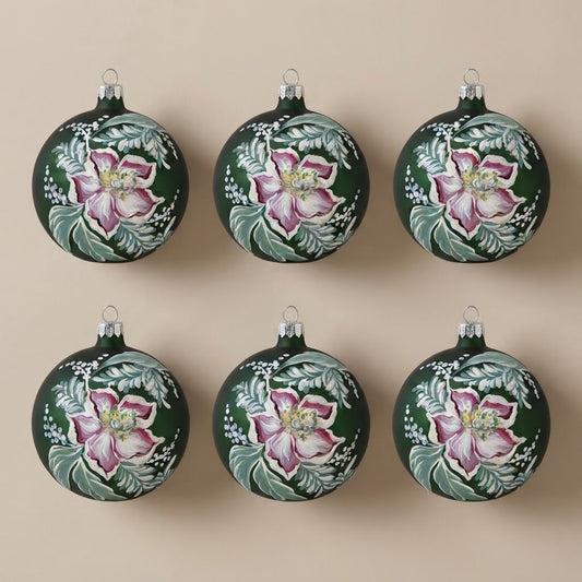 Set da 6 palle di Natale Elleboro e vischio Ø 10 cm dipinte a mano