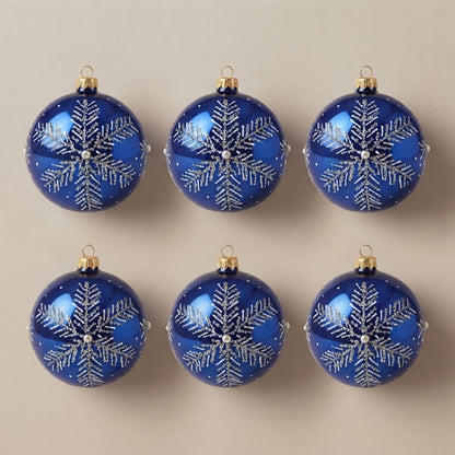 Set da 6 palle di Natale fiocco di neve argento su blu Ø 10 cm dipinte a mano