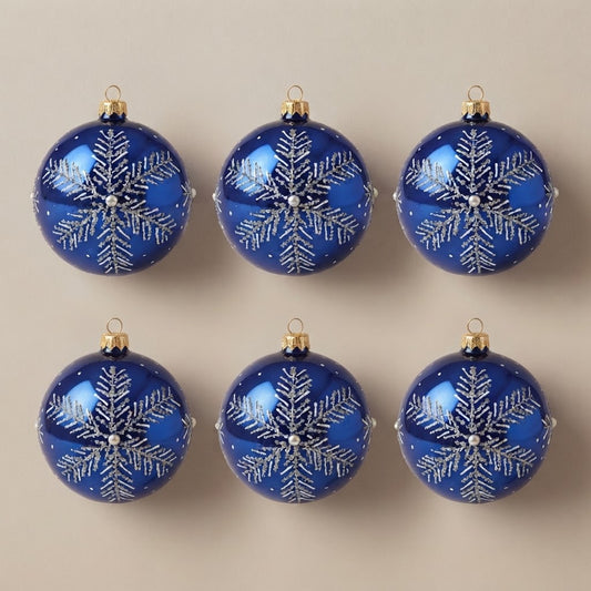 Set da 6 palle di Natale fiocco di neve argento su blu Ø 10 cm dipinte a mano