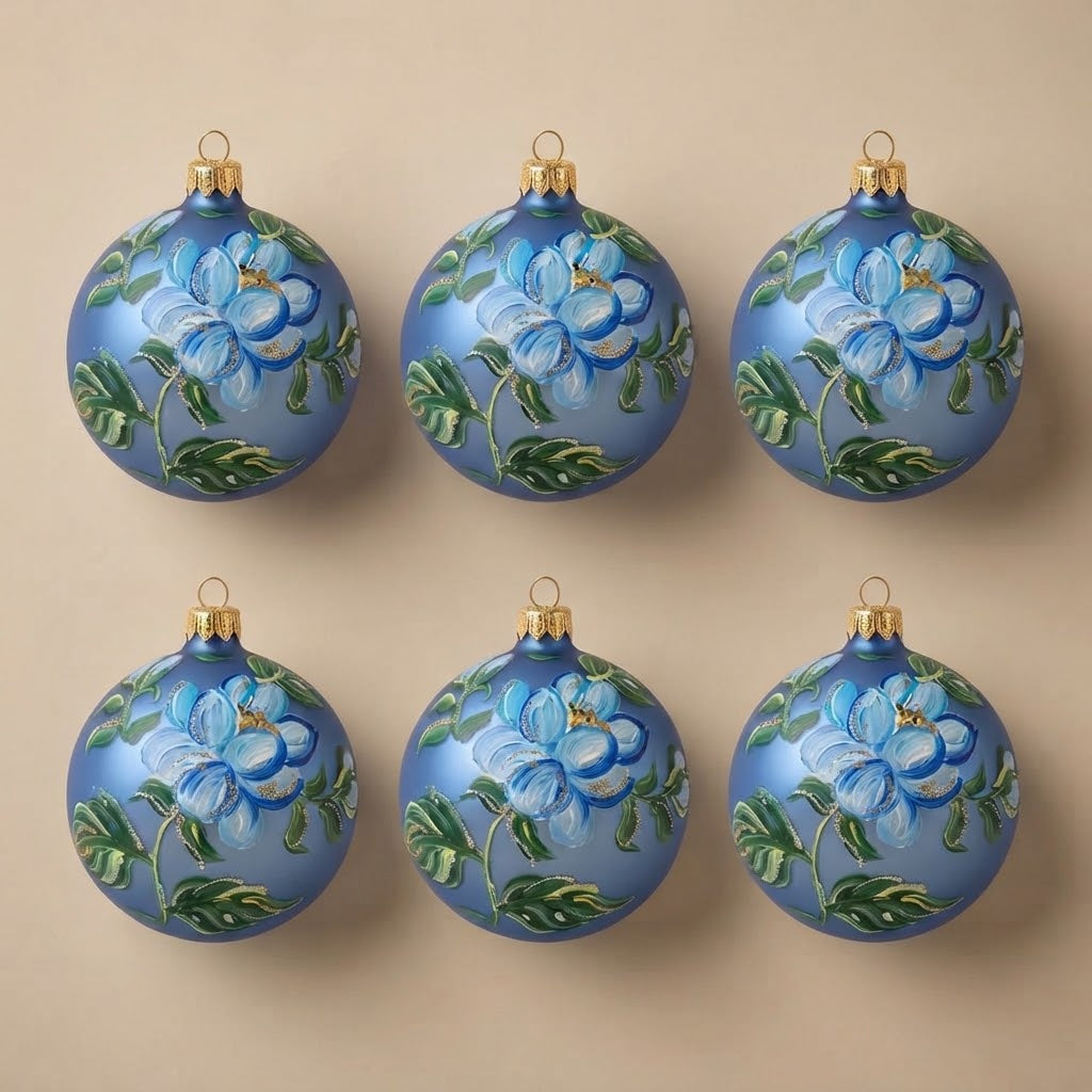 Set da 6 palle di Natale fiore azzurro su blu Ø 10 cm dipinte a mano