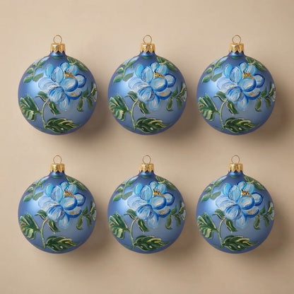Set da 6 palle di Natale fiore azzurro su blu Ø 10 cm dipinte a mano