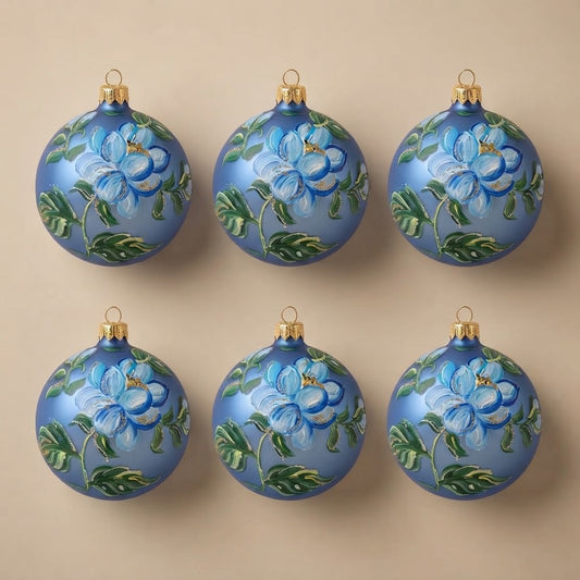 Set da 6 palle di Natale fiore azzurro su blu Ø 10 cm dipinte a mano