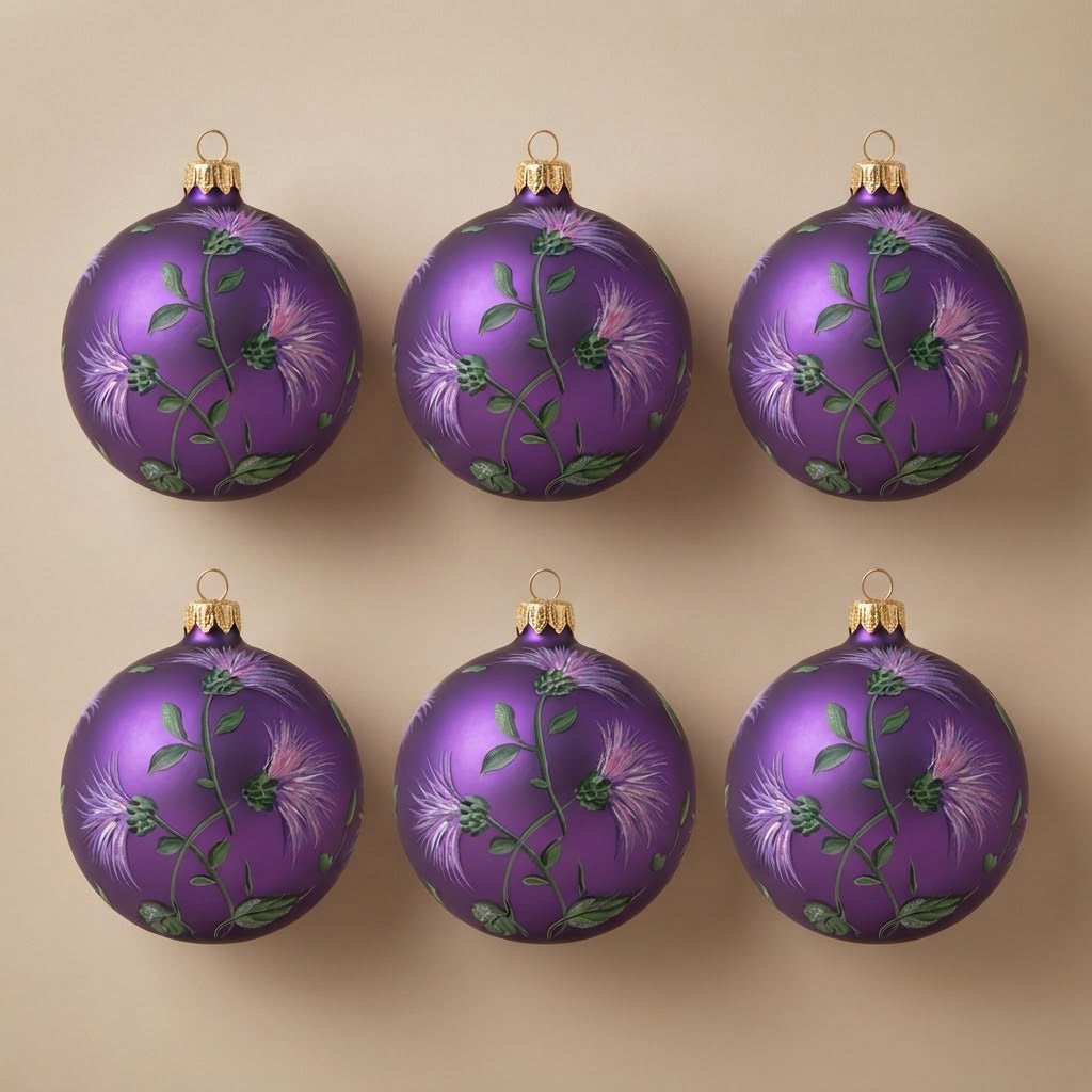 Set da 6 palle di Natale fiori di cardo su viola Ø 10 cm dipinte a mano