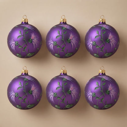 Set da 6 palle di Natale fiori di cardo su viola Ø 10 cm dipinte a mano