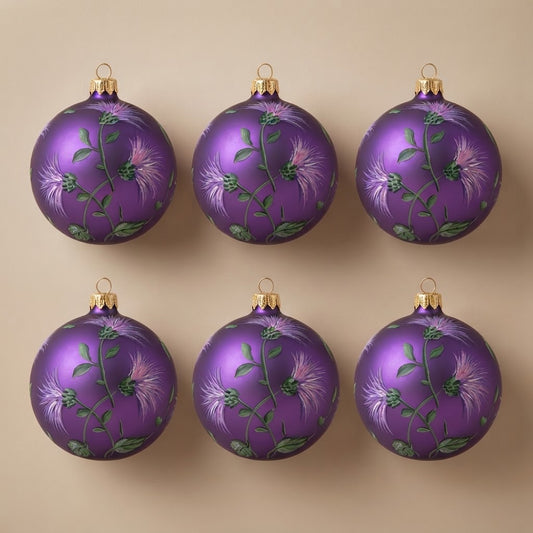 Set da 6 palle di Natale fiori di cardo su viola Ø 10 cm dipinte a mano