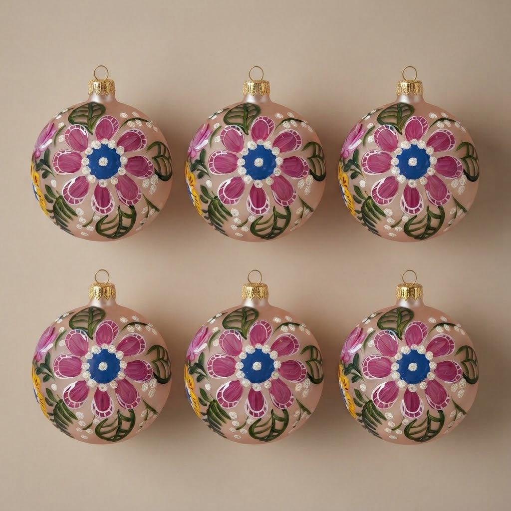 Set da 6 palle di Natale fiori pop su rosa cipria Ø 10 cm dipinte a mano