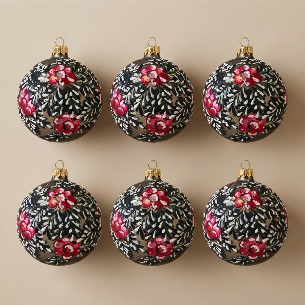 Set da 6 palle di Natale fiori rossi su bronzo Ø 10 cm dipinte a mano