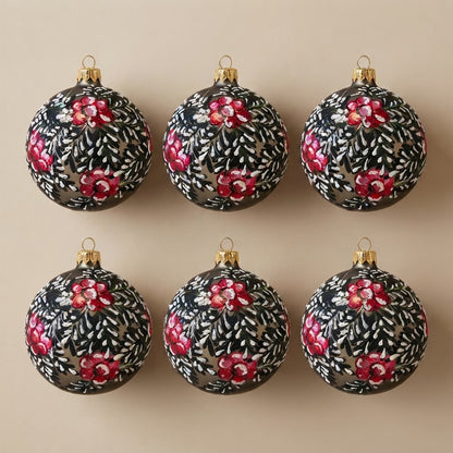 Set da 6 palle di Natale fiori rossi su bronzo Ø 10 cm dipinte a mano