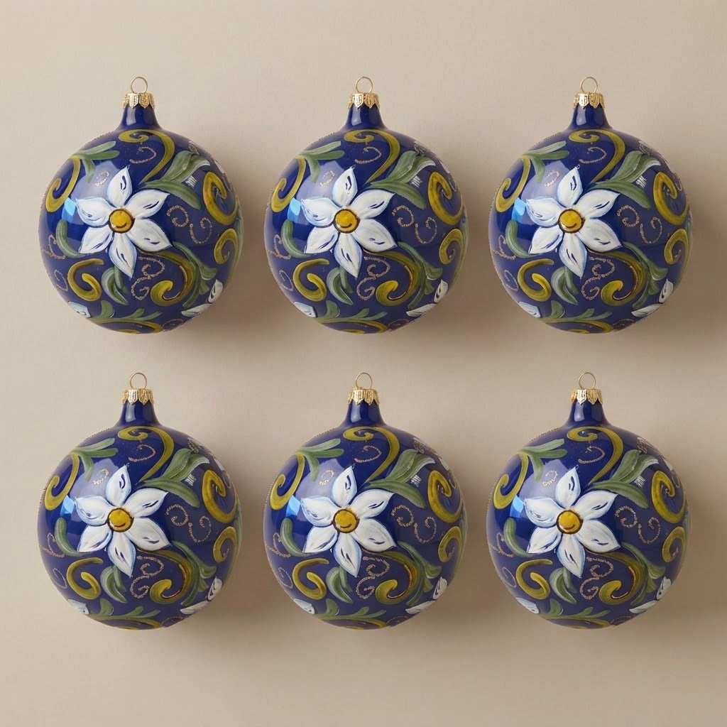 Set da 6 palle di Natale maiolica fiore bianco su blu Ø 10 cm dipinte a mano